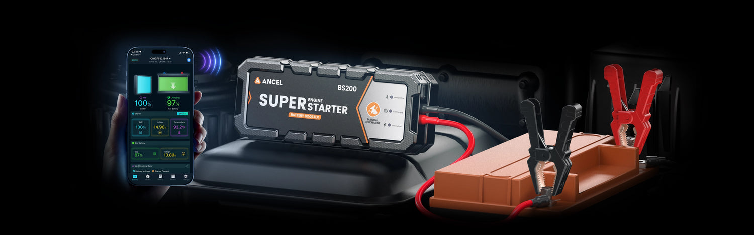 SuperStarter with phone displaying battery level in a car trunk.