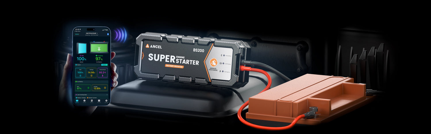 SuperStarter with phone displaying battery level in a car trunk.