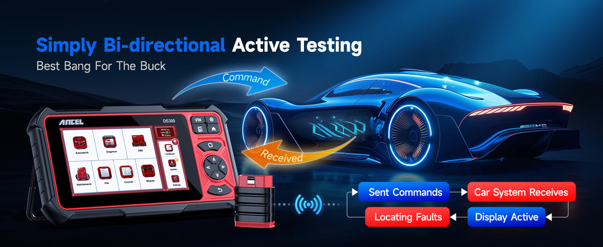 Ancel DS300 bidirectional automotive scanner for active testing.