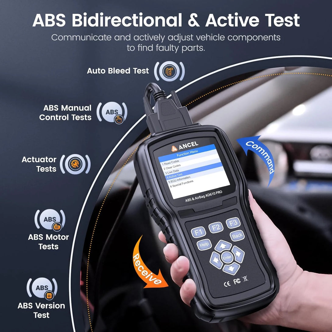 ANCEL AD610 PRO ABS SRS OBD2 Scanner, ABS Bleeding, SAS Calibration, A