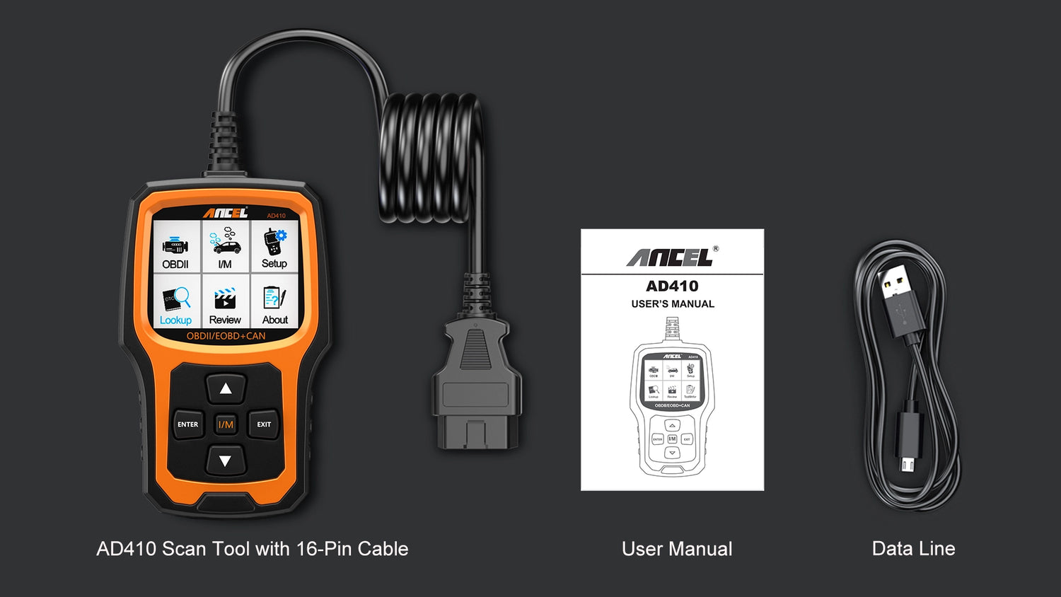 Ancel car code reader with 16-pin cable, manual, and USB Data line.