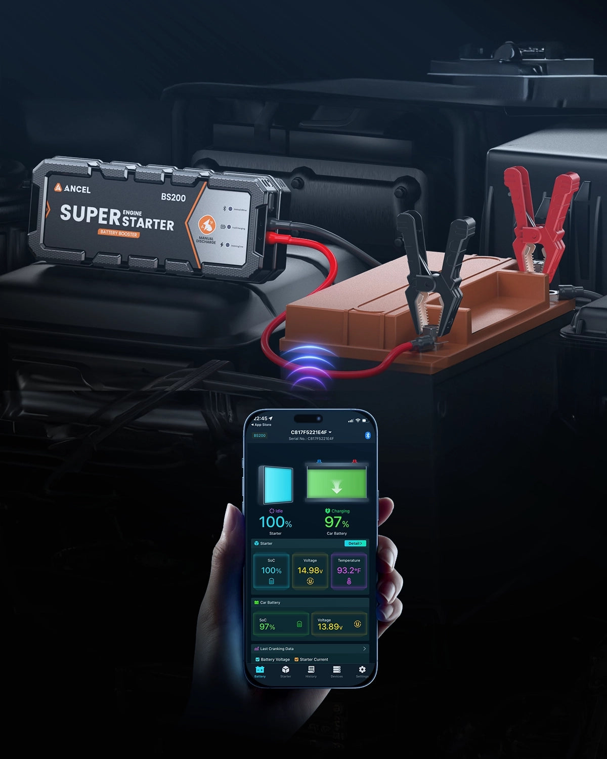 Superstarter battery jump starter with smartphone app control in a dark setting