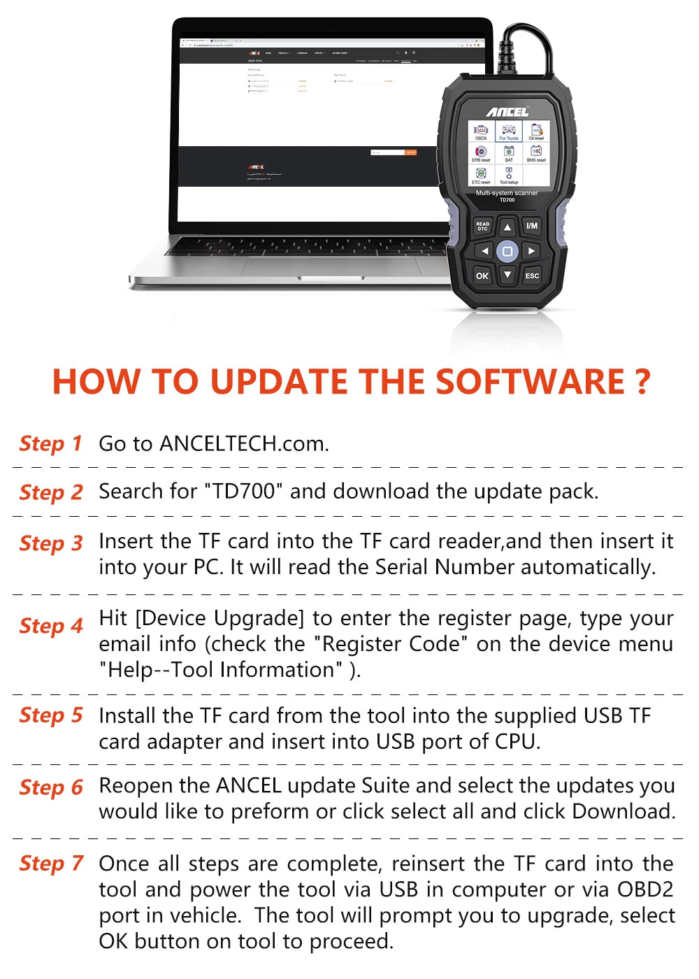 Ancel TD700 All System OBD2 Scanner Diagnostic Tool W/ TPMS DPF Oil Reset For Toyota
