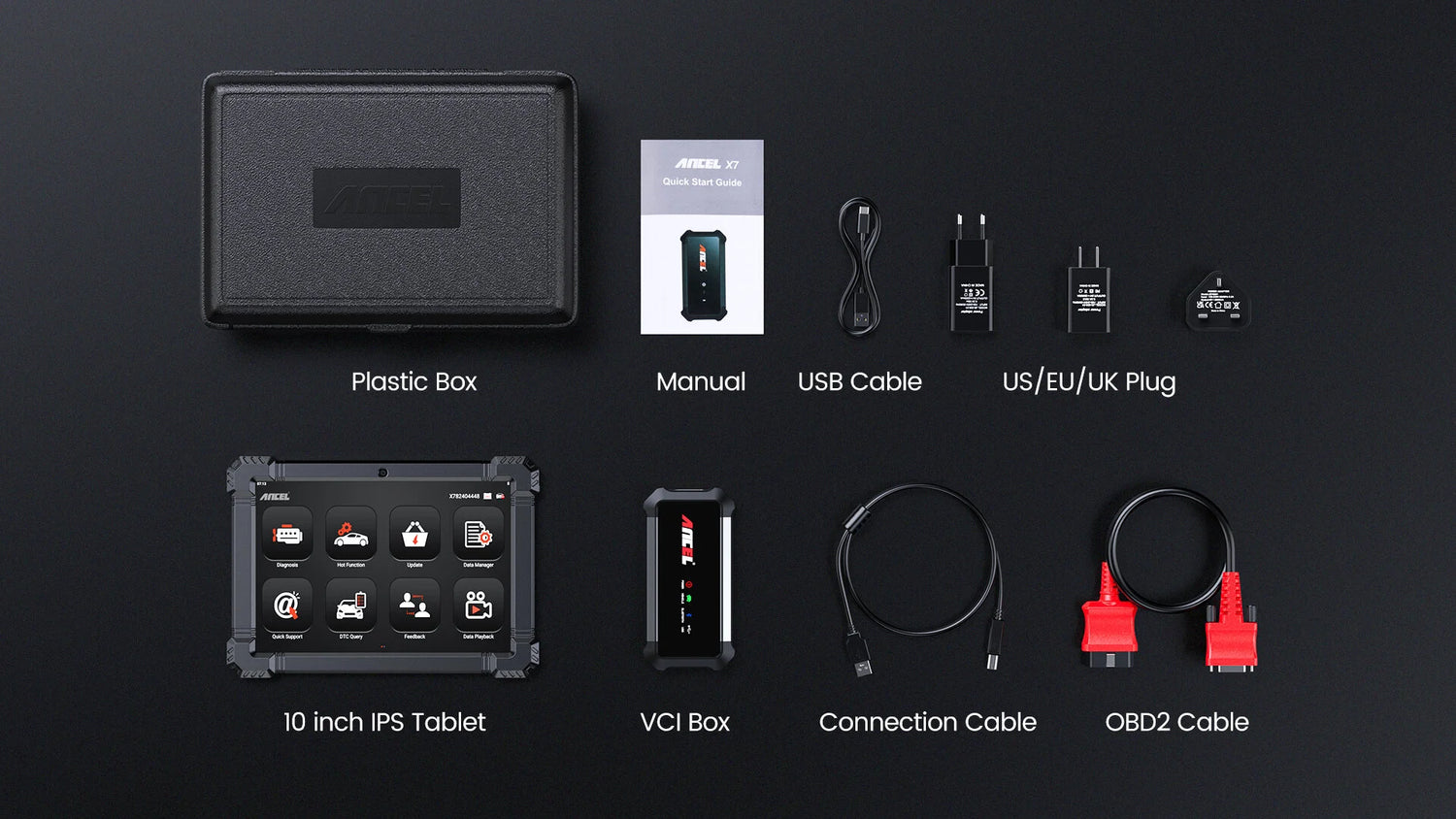 Ancel X7 car scanner​ comes with all accessories, including the user manual, USB cable, VCI box, OBD2 cable, and more.