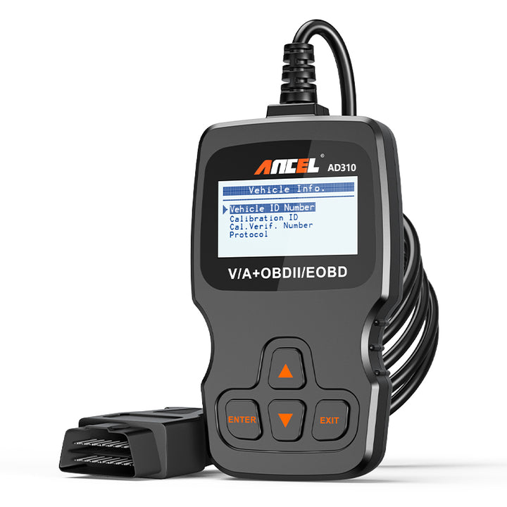 Ancel Ad310 code reader for cars to get vehicle ID, Calibration ID, and protocol.
