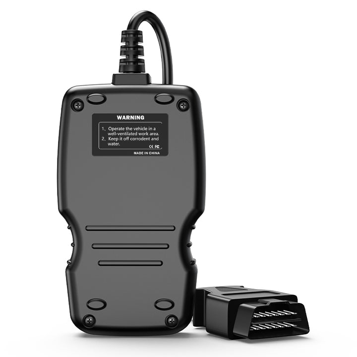 The AD310 car code reader has a warning label on the back.