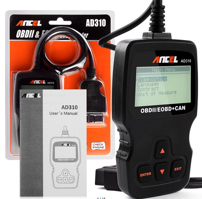 The Ancel AD310 car code reader's full package and manual.